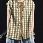 Organic Blackish Green Patchwork Ruffled Top Short Sleeve