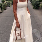 Viki Linen Blend Square Neck Wide Strap Side Button Pocket Tassel Trim Midi Dress