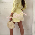 Sorena Linen Blend Button Up Long Sleeve Midi Blouse and Tassel Trim Warp Cover-up Mini Dress Set