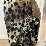 Airy Satin Unique Print V-neck Gemstone Embellished Drape Robe Maxi Dress