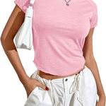 Zeagoo Womens Basic T-Shirts Crewneck Short Sleeve Curved Hem Summer Crop Tops Fitted Tees Y2k Clothing
