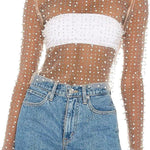 Pearl-Embellished Mesh Long-Sleeved Top