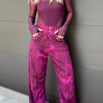 Free Moment Animal Print Metal Ring Design Pocket Wide Leg Pants