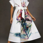 Fashionable Art Print Collared Short Sleeve Casual Pocket Midi Dress