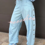 Kadence Denim Side Metal Hollow Ring Detail Pocket Lantern Pants