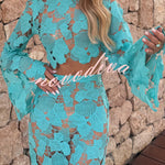 Kylee Floral Cutout Embroidered High Neck Bell Sleeve Crop Top and High Rise Flare Maxi Skirt Set