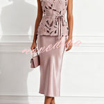 Elegant Cutout Embroidered Flowers Tie-up Sleeveless Top and Satin Slip Dress Two-Piece Set