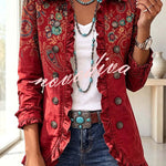 Stylish and Unique Printed Ruffle Trim Button-down Long Sleeve  Jacket