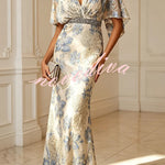 Ellie Floral Textured Diamond-embellished Belt Half Sleeve Mermaid Gown Maxi Dress
