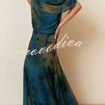 Ione Chiffon Ombr¨¦ Print Cowl Neck Top and High Rise Maxi Skirt Set with Scarf