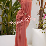 Touch of Drama Mesh Butterfly Metal Clips One Shoulder Backless Maxi Dress