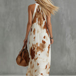 Vintage Brown Cow Print White Chiffon Sleeveless Maxi Dress