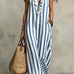 Fashionable Striped Print V-neck Ruffled Sleeveless Pockets Casual Midi Dress