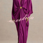 Tina Satin Plunge V-neck Gold Trim Detail Long Batwing Sleeve Maxi Dress
