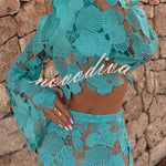 Kylee Floral Cutout Embroidered High Neck Bell Sleeve Crop Top and High Rise Flare Maxi Skirt Set