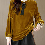 Women Green Ruffled Patchwork Velour Shirt Top Spring