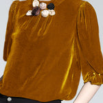 Elegant Blackish Green Stand Collar Floral Silk Velour Top Short Sleeve