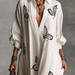 Butterfly Print V-Neck Long Sleeve Loose Casual Maxi Dress