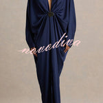 Tina Satin Plunge V-neck Gold Trim Detail Long Batwing Sleeve Maxi Dress