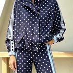 Lucienne Polka Dot Striped Star Print Zipper High Neck Pocket Sporty Jacket