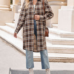 Zeagoo Plaid Longline Button-Up Shacket Lapel Neck Long Sleeve Shirt Pocket