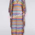 Casie Knit Colorful Zigzag Pattern Fringe Trim Cover-up Vacation Maxi Dress