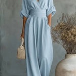 Solid Color V-neck Fitted Waist Pocket Casual Wide-leg Jumpsuit