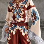 Bohemian Dreams Unique Print High Neck Feather Trim Bell Sleeve Top
