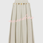 Custom Look Linen Blend Unique Metal Pattern Buttons Lace-up Waist Crisp Hem Maxi Skirt