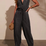 Stylish Collared Sleeveless Elastic Waist Tie Casual Pocket Denim Jumpsuit