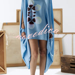 Luisa Satin Floral Print Pleated High-neck Batwing Cutout Sleeve Loose Mini Dress