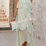 Solid Color Chiffon Halter Neck Elegant Ruffle Maxi Dress