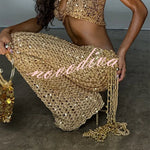 Gold Coast Knit Sequin Fabric Short Sleeve Crop Top and Adjustable Beaded Waist Loose Pants Set