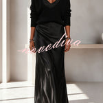 Velma Ribbed Knit V-neck Long Sleeve Relaxed Sweater and Satin Slip Midi Dress