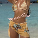 Gradient Floral Embellishment Tie-up Two-piece Stretch Bikini Swimsuit and Holiday Sheer Mini Skirt Set