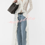 Vivianna Floral Lace Ruffles Trim Long Bell Sleeve Lapel Maxi Dress