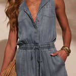 Stylish Collared Sleeveless Elastic Waist Tie Casual Pocket Denim Jumpsuit