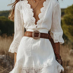 Solid Color V-neck Lace Trim Slim-fit Mini Dress