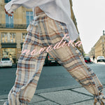Adrenia Plaid Print Mid Rise Elastic Waist Pocket Tie-up Hem Balloon Pants