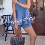 Adventure Awaits Denim Vertical Seam Sleeveless Flare Hem Top and Elastic Waist Pocket Shorts Set