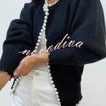 Elegant Chic Knit Pearls Trim Long Sleeve Relaxed Cardigan