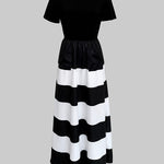 A-Line High Waisted Contrast Color Pleated Pockets Round-Neck Maxi Dresses