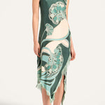 Bohemian Style Floral Print Tassel Trim Irregular Hem Slit Scarf Midi Dress