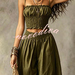 Olive Gypsy  pleated crop top and high-waisted wide-leg pants set