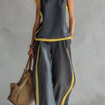 Linen Blend Color-blocked Round Neck Sleeveless Loose Top and Elastic Waist Casual Pocket Wide-leg Pants Set