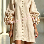 Rima Linen Blend Flowers Button Down Floral Cuffs Half Sleeve Mini Dress