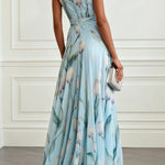 Tulip Print V-Neck Sleeveless Elegant Waist-Defining Maxi Dress