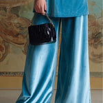 High-neck blue velvet loose casual set