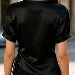 Solid Color Satin V-neck Short-sleeved Side Waist Ruching Casual Top