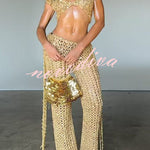 Gold Coast Knit Sequin Fabric Short Sleeve Crop Top and Adjustable Beaded Waist Loose Pants Set